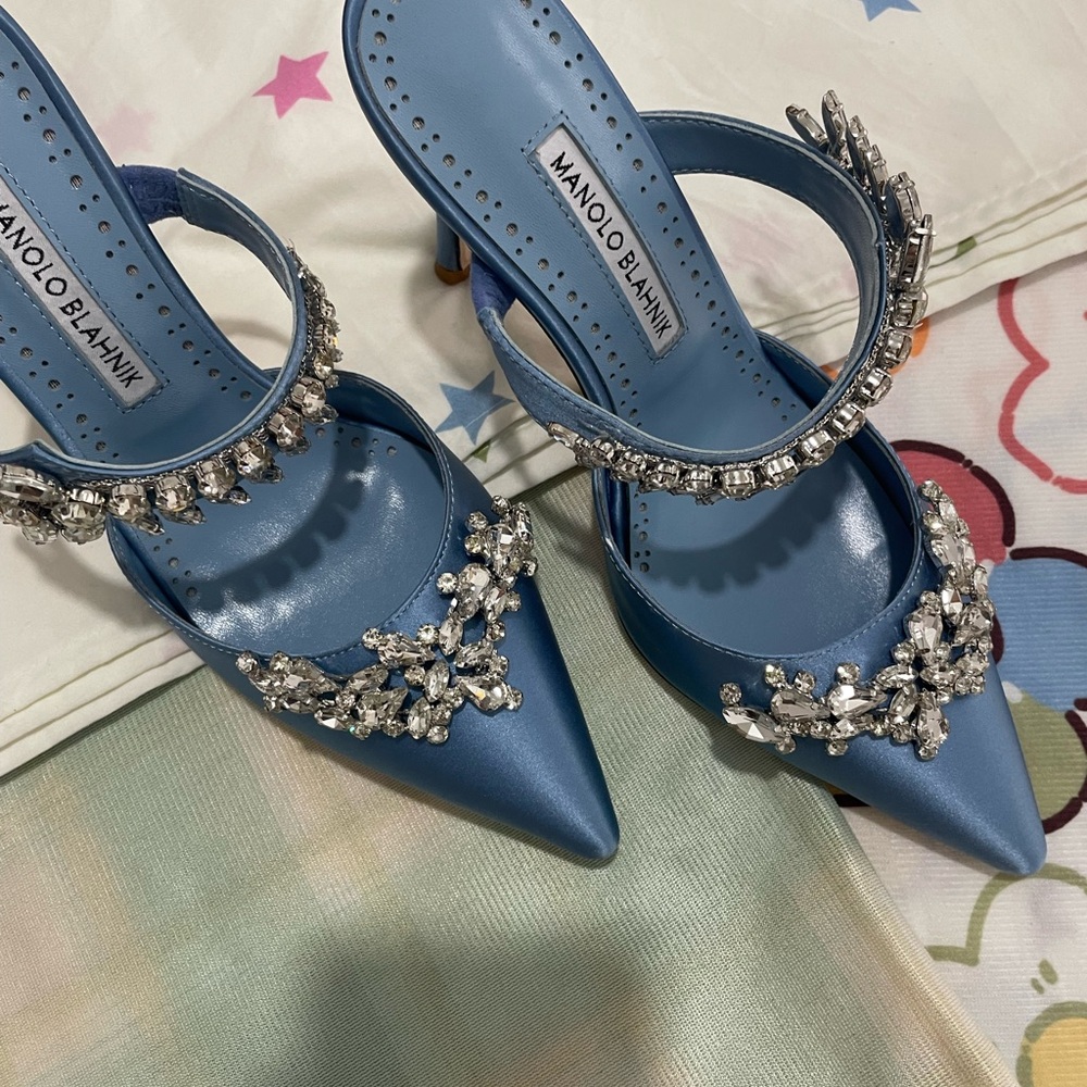Manolo Blahnik Sky Blue Jeweled Satin Pointed-Toe Mules - Picture 2 of 10